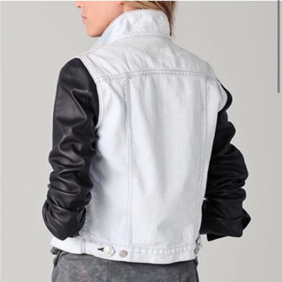 rag & bone Bleached Denim Jacket with Black Leather Sleeves - Picture 3 of 7